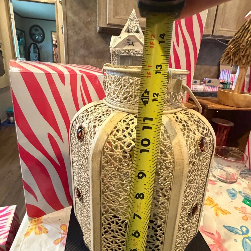 Pink Zebra Cream Moroccan Filigree Metal Lantern Amber Jewel Accents